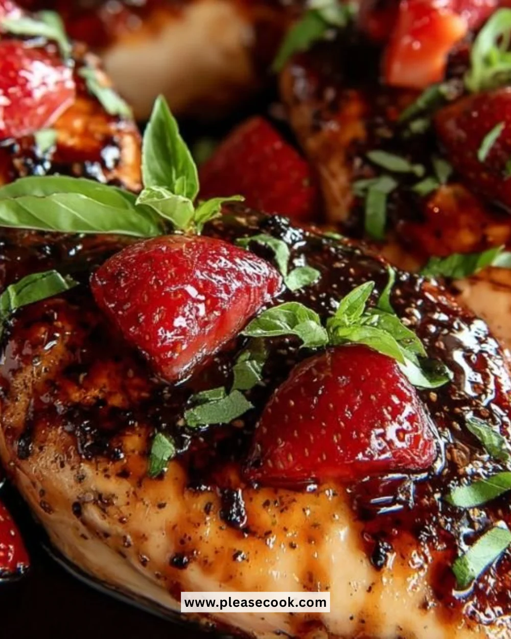 Strawberry chicken glaze drizzling over grilled chicken on a plate