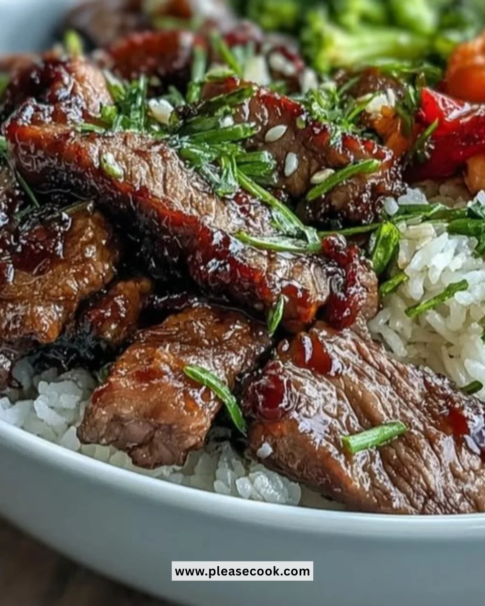 Delicious teriyaki beef bowl with fresh vegetables and savory sauce