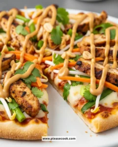 Delicious Thai Chicken Pizza topped with spices, chicken, and fresh ingredients