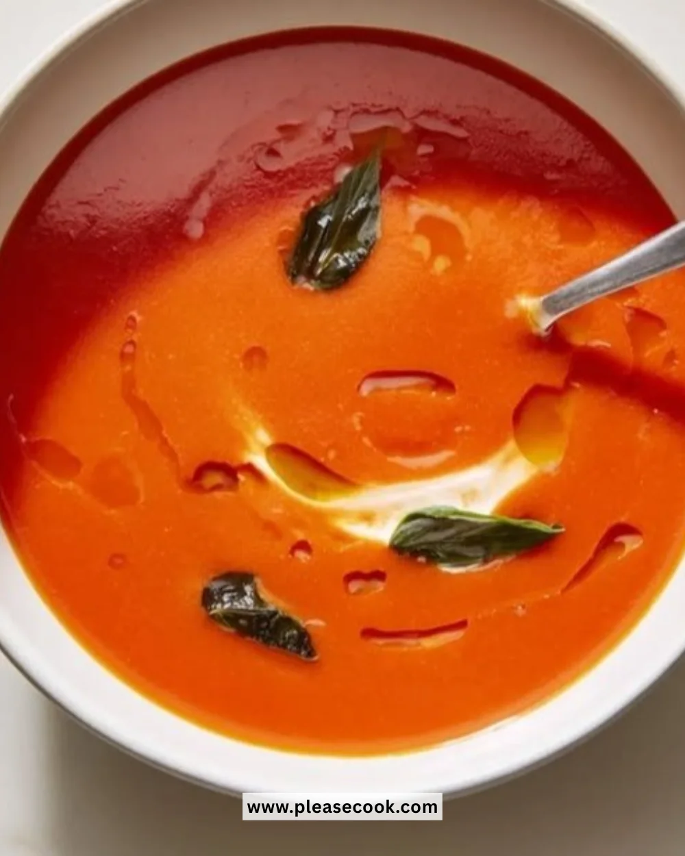 A warm bowl of Tomato Basil Soup garnished with fresh basil leaves.