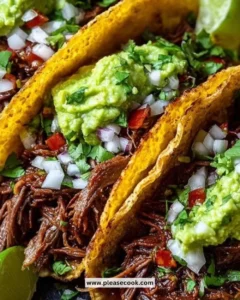Delicious crispy shredded beef tacos topped with fresh guacamole.