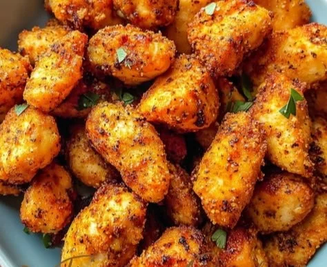 Air Fryer boneless chicken bites served on a plate with dipping sauce
