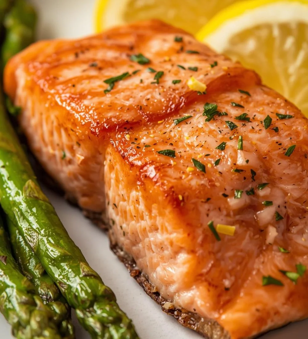 Delicious air fryer salmon garnished with herbs and lemon