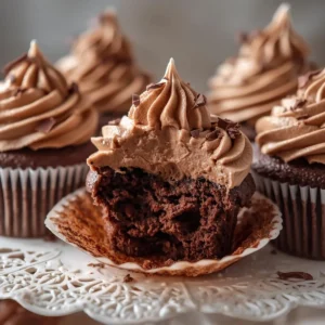 Airy chocolate cupcakes with rich mousse frosting on top