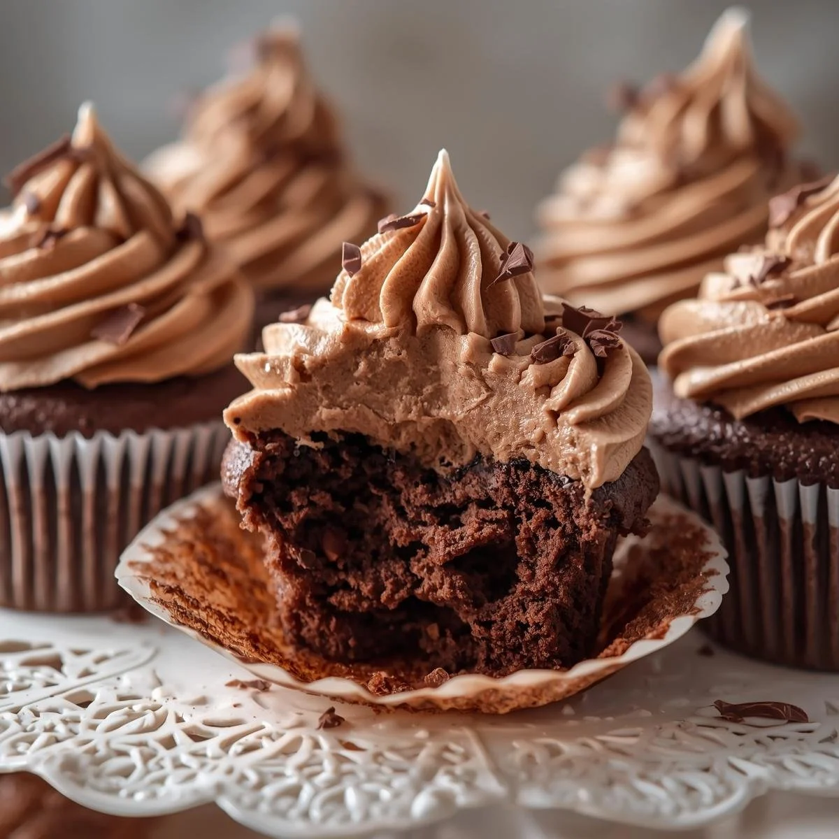 Airy chocolate cupcakes with rich mousse frosting on top