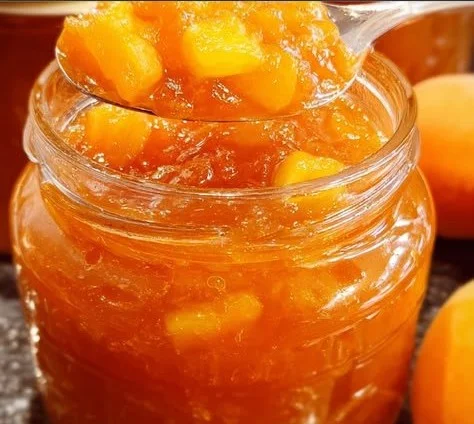 Homemade apricot pineapple jam in a jar with fresh fruits next to it