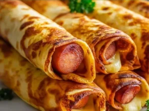 Baked Beef Hot Dogs wrapped in golden tortilla dough on a plate