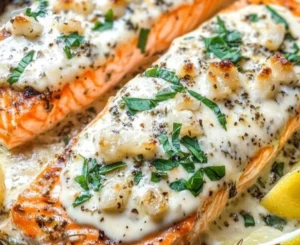 Baked Boursin Salmon placed on a white plate with a garnish of herbs