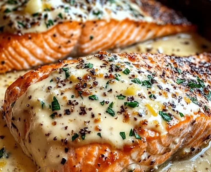 Baked Boursin Salmon topped with creamy cheese and herbs