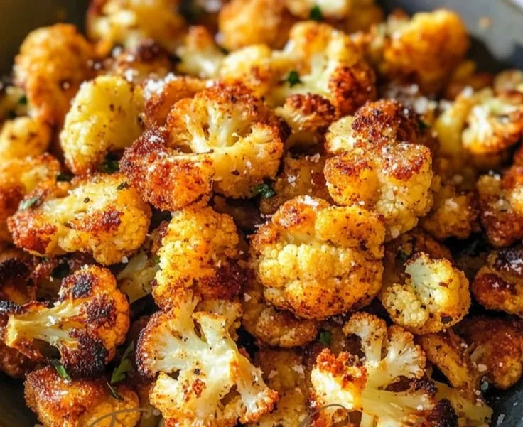 Oven-baked cauliflower florets seasoned and golden brown on a plate