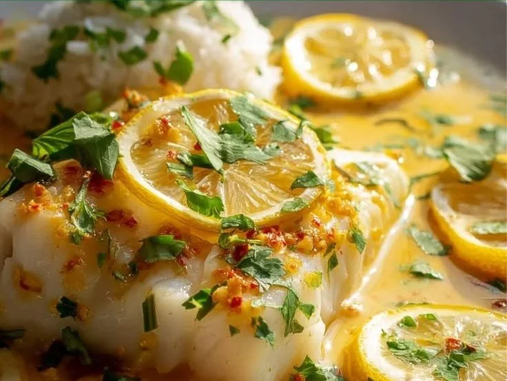 Baked Cod fillet topped with Coconut Lemon Cream Sauce on a plate