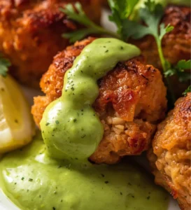 Baked salmon meatballs with creamy avocado sauce on a plate