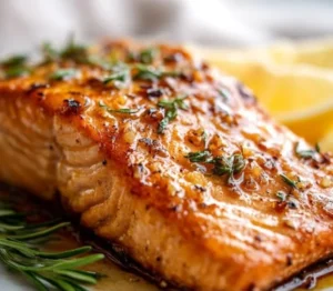 Baked salmon with honey garlic glaze served on a plate