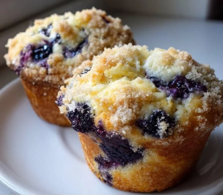 Bakery-style blueberry muffins fresh out of the oven with juicy blueberries
