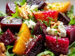 Colorful Beet Salad with Quinoa and Goat Cheese garnished with fresh herbs