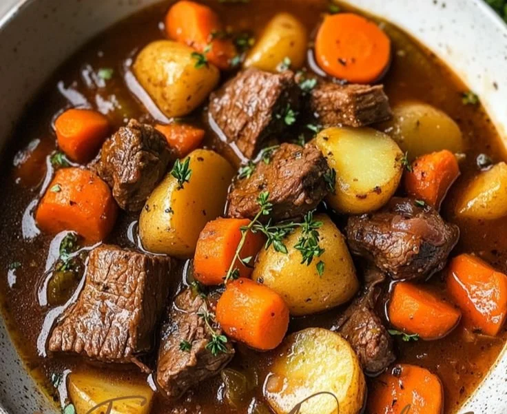 Delicious bowl of best beef stew garnished with herbs and vegetables