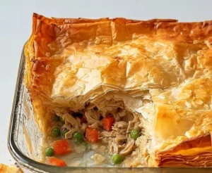 High protein chicken pot pie served on a plate with vegetables