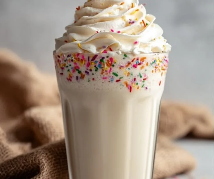 Delicious birthday cake milkshake topped with sprinkles and whipped cream