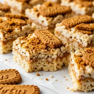 Biscoff Rice Krispie Treats topped with Biscoff spread and cookie crumbles