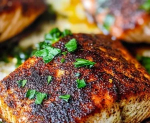 Delicious blackened salmon fillet on a plate with spices