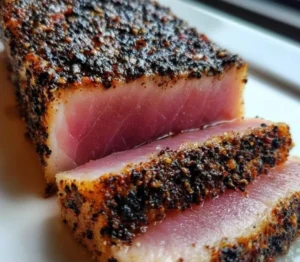 Blackened Tuna Steak seasoned with spices on a plate