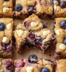 Delicious blueberry blondies topped with white chocolate chunks