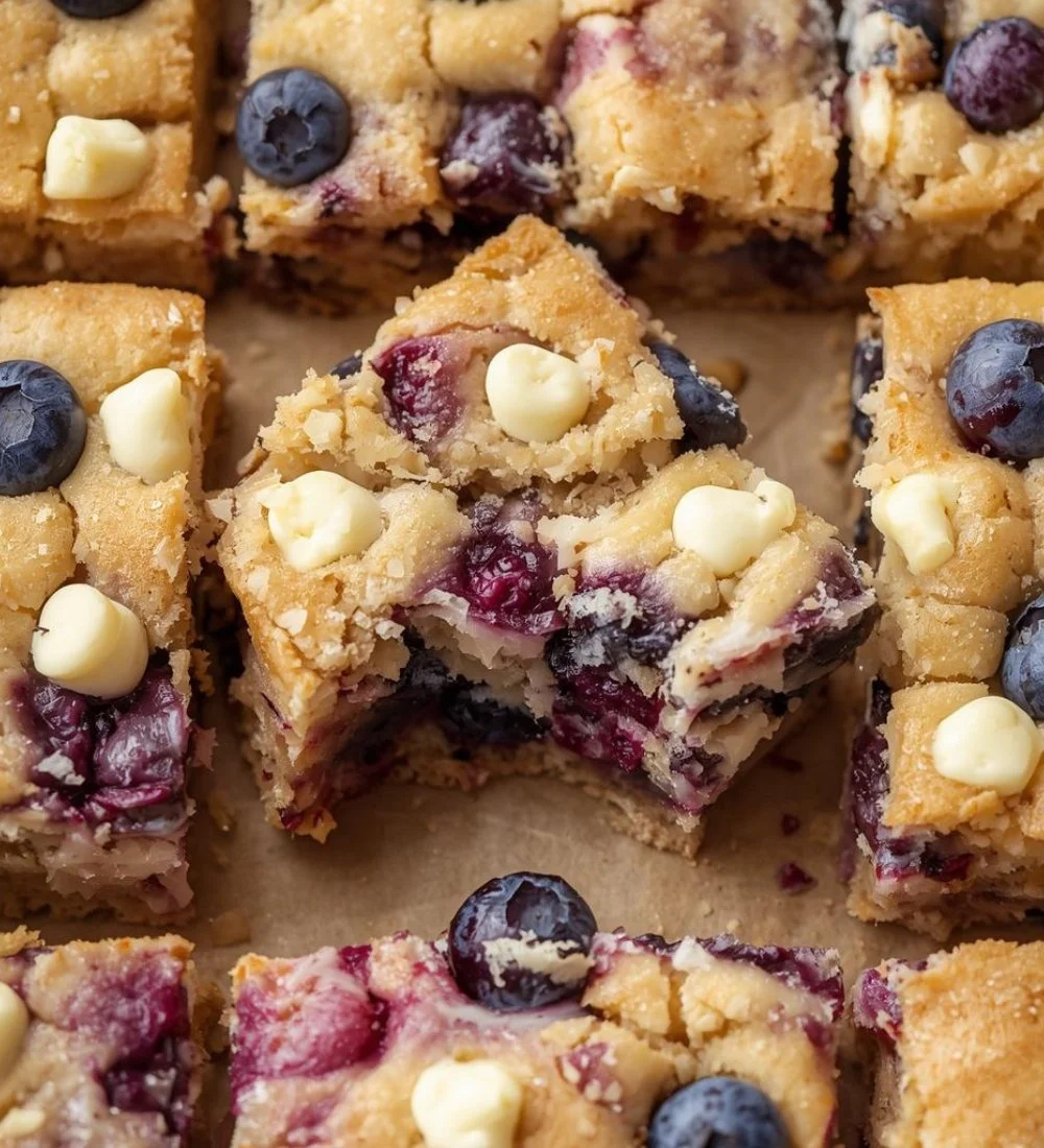 Delicious blueberry blondies topped with white chocolate chunks