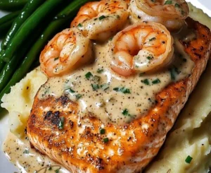 Cajun shrimp and salmon with garlic cream sauce, served with mashed potatoes and green beans.