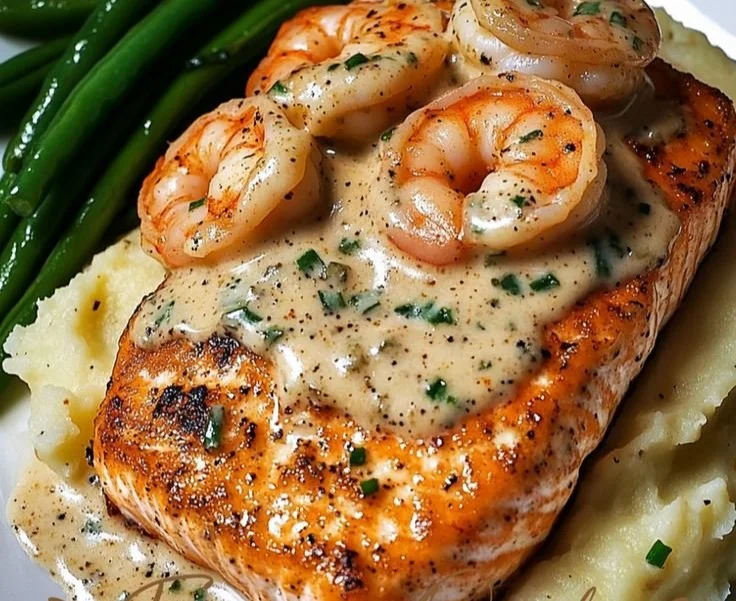 Cajun shrimp and salmon with garlic cream sauce, served with mashed potatoes and green beans.