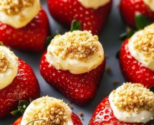 Cheesecake stuffed strawberries filled with creamy cheesecake filling and topped with whipped cream