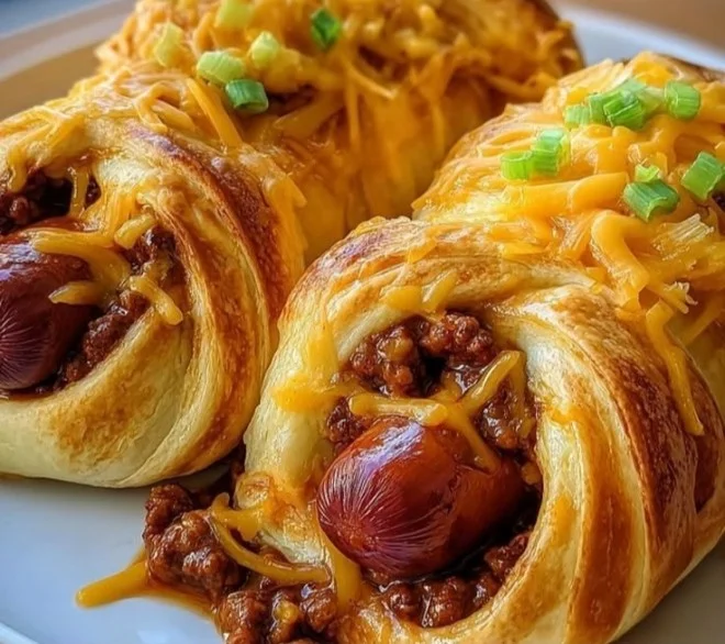 Cheesy chili crescent roll hot dogs served on a plate