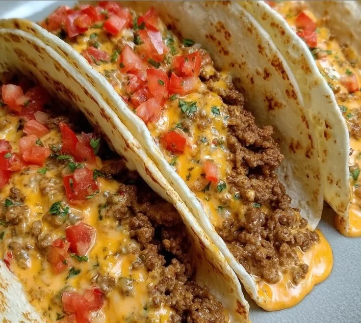 Cheesy Rotel beef soft tortilla tacos ready to serve