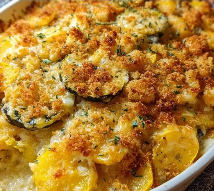 Delicious cheesy Southern squash casserole topped with breadcrumbs in a baking dish.