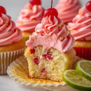Delicious Cherry Limeade Cupcakes topped with vibrant frosting and cherries