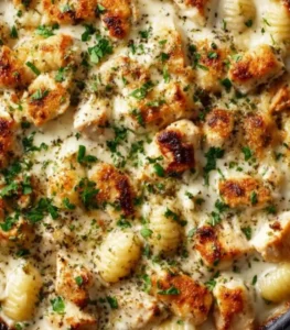 Delicious Chicken Alfredo Gnocchi Bake topped with melted cheese