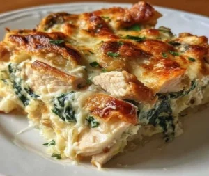 Delicious chicken and spinach casserole with cream cheese in a baking dish.
