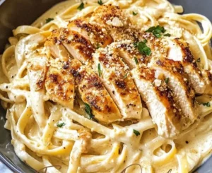 Creamy Chicken Fettuccine Alfredo pasta dish topped with parsley.