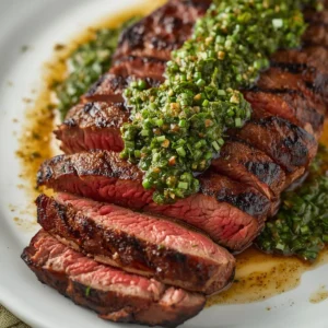 Delicious chimichurri steak garnished with fresh herbs and spices.