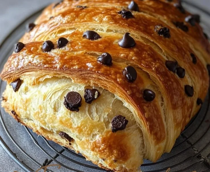 Freshly baked chocolate chip sourdough croissant bread on a rustic table