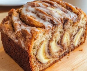 Sliced cinnamon roll banana bread drizzled with icing on a wooden table.