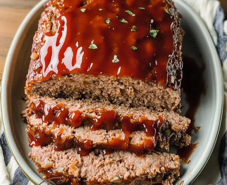 Delicious classic meatloaf served on a plate with sides