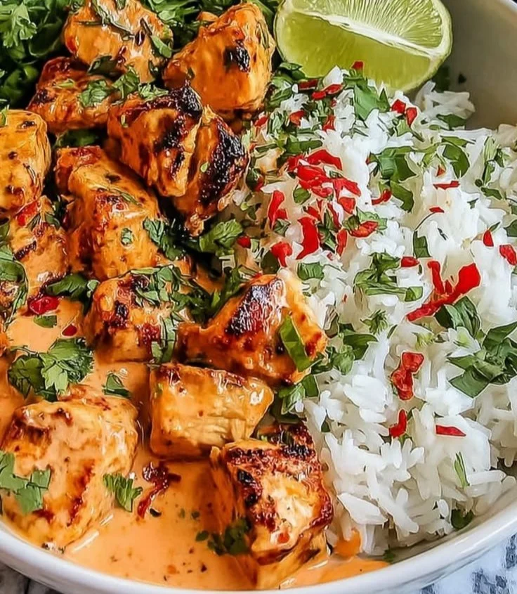 Coconut Chicken Rice Bowl topped with fresh herbs and served in a vibrant dish