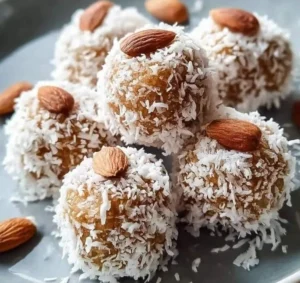 Delicious homemade Coconut Date Balls ready to eat.