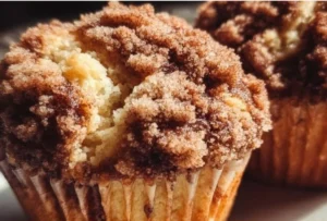 Freshly baked coffee cake muffins with a crumbly topping