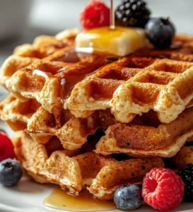Fluffy cottage cheese waffles stacked with syrup and berries
