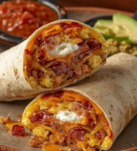 Delicious Cowboy Breakfast Burrito filled with eggs, bacon, and veggies