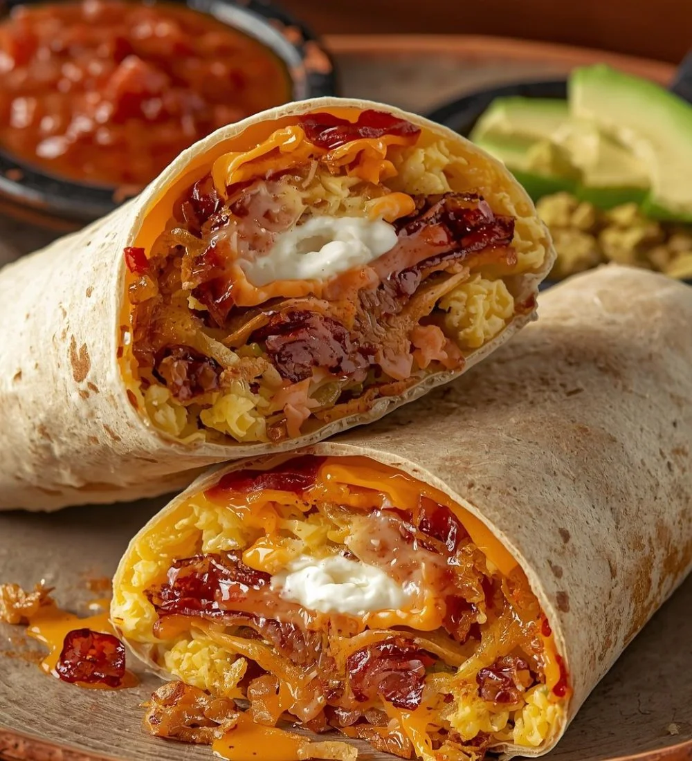 Delicious Cowboy Breakfast Burrito filled with eggs, bacon, and veggies