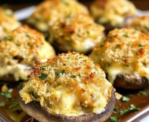 Delicious crab stuffed mushrooms garnished and ready to serve