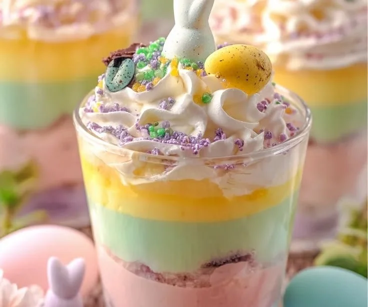 Colorful creamy Easter Jell-O parfaits in decorative cups