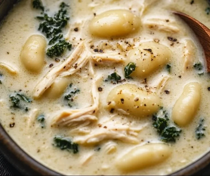 Bowl of creamy Garlic Chicken Gnocchi Soup with herbs and spices